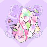  1girl artist_logo blood candy_gore character_hair_ornament colored_eyelashes colored_skin commentary cropped_head double_bun dripping english_commentary ghoulkiss green_blood green_eyes green_outline gurokawa hair_bun hair_ornament hair_tie hairclip heart hole_in_head lipstick logo looking_at_viewer makeup mole mole_under_mouth nosebleed original outline parallel_hairclips pastel_colors pill pink_blood pink_skin plus_sign purple_background purple_hair purple_lips purple_theme short_hair simple_background smile solo stitched_face stitches tongue tongue_out watermark 