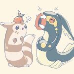 1:1 2025 ambiguous_gender anthro duo eelektross emanata eyes_closed fin food fruit furret generation_2_pokemon generation_5_pokemon markings multicolored_body muraselelait nintendo open_mouth paws plant pokemon pokemon_(species) question_mark signature striped_markings stripes tail tangerine_(fruit) two_tone_body