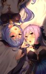  2girls 4tb_(4tera_byte) ahoge bangs bare_shoulders bed_sheet bell black_dress black_gloves blue_hair blush bow_choker breasts cleavage detached_sleeves diamond-shaped_pupils diamond_(shape) double_bun dress eyebrows_visible_through_hair ganyu_(genshin_impact) genshin_impact gloves hair_cones hair_ears highres horns keqing_(genshin_impact) keqing_(opulent_splendor)_(genshin_impact) long_hair looking_at_viewer lying medium_breasts multiple_girls neck_bell on_back open_mouth purple_eyes purple_hair sidelocks strapless strapless_dress symbol-shaped_pupils twintails upper_body white_sleeves 