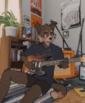 absurd_res aliasing anthro biped bottomwear canid canine clothed clothing computer detailed_background digital_drawing_(artwork) digital_media_(artwork) electric_guitar electronics fur guitar hi_res inside laptop male mammal mouth_closed musical_instrument photo_manipulation plant playing_guitar playing_music plucked_string_instrument poster shelf shirt shorts sitting sitting_on_ground sneasul solo string_instrument t-shirt tail text topwear window