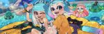  3girls black_shorts blue_eyes blue_hair blue_hairband blunt_bangs bracelet commentary_request fangs gradient_hair hairband hand_on_own_head highres inkling inkling_girl inkling_player_character jellyfish_(splatoon) jet_squelcher_(splatoon) jewelry long_hair looking_at_viewer medium_hair multicolored_hair multiple_girls one_eye_closed open_mouth pink_hair prat_rat purple_eyes shirt shorts smile splat_charger_(splatoon) splatoon_(series) tank_top tentacle_hair white_tank_top yellow_shirt 