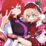  2girls black_shirt blush breasts bright_pupils brown_hair commentary drum floating_instrument frilled_hat frills gram_9 hat hat_ornament highres horikawa_raiko in-franchise_crossover instrument jacket keyboard_(instrument) large_breasts looking_at_viewer lyrica_prismriver mitsudomoe_(shape) multiple_girls necktie pants pink_necktie plaid_clothes plaid_shirt red_background red_eyes red_hair red_hat red_shorts red_vest shirt short_hair shorts smile sparkle_background star_(symbol) star_hat_ornament taiko_drum teeth tomoe_(symbol) touhou upper_teeth_only v v-shaped_eyebrows vest white_jacket white_pants white_pupils white_shirt 