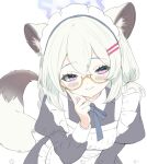  1girl adjusting_eyewear alternate_costume animal_ear_fluff animal_ears apron art_program_in_frame bespectacled black_dress black_ribbon blue_archive blue_halo blush commentary_request cowboy_shot double-parted_bangs dress enmaided extra_ears eyelashes frilled_apron frills glasses green_hair hair_between_eyes hair_ornament hairclip halo hand_up highres ibispaint_(medium) index_finger_raised juliet_sleeves leaning_forward long_sleeves looking_at_viewer low_twintails maid maid_apron maid_headdress medium_hair neck_ribbon parallel_hairclips parted_lips puffy_sleeves purple_eyes ribbon semi-rimless_eyewear shigure_(blue_archive) short_twintails sidelocks simple_background smile solo tail twintails wa_sumi weasel_ears weasel_girl weasel_tail white_apron white_background yellow-framed_eyewear 