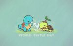  &gt;_&lt; animal_focus closed_eyes commentary_request english_text full_body hijikimon2mon no_humans open_mouth pokemon pokemon_(creature) simple_background sparkle squirtle tail tail_wagging turtle turtwig water_gun_(pokemon) watering 