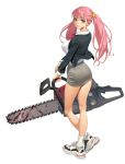  1girl ass black_jacket bow bowtie breasts chainsaw closed_mouth collared_shirt commentary crossed_ankles dress_shirt expressionless eyeliner green_eyes grey_skirt hair_bobbles hair_ornament highres holding holding_chainsaw hongcasso jacket large_breasts long_hair long_sleeves looking_at_viewer makeup open_clothes open_jacket original pencil_skirt pink_eyeliner pink_hair red_bow red_bowtie shirt shoes skirt sneakers socks solo standing twintails white_shirt white_shoes white_socks 