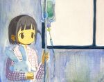  1girl brown_eyes brown_hair chawanwan holding holding_stuffed_toy intravenous_drip one_side_up original plaid_clothes plaid_shirt shirt solo stuffed_animal stuffed_rabbit stuffed_toy tareme upper_body window 