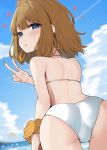  1girl ass bikini binsen blue_eyes brown_hair day earrings fingernails from_behind hand_up heart highres hoop_earrings idolmaster idolmaster_million_live! jewelry long_fingernails looking_at_viewer looking_back nail_polish outdoors parted_lips scrunchie short_hair solo standing suou_momoko swimsuit v white_bikini wrist_scrunchie yellow_nails yellow_scrunchie 
