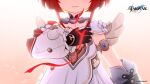  1girl angel_wings armlet black_gloves copyright_name copyright_notice dress eyes_out_of_frame gloves head_out_of_frame highres honkai:_star_rail honkai_(series) jewelry official_art red_hair short_hair sidelocks string string_of_fate tribios_(honkai:_star_rail) white_dress wings 