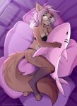  anthro bed bed_sheet bedding bedroom bra buvanybu canid clothing eyewear female fish furniture glasses hi_res high-angle_view looking_back lying mammal marine on_side panties pillow plushie shark solo tattoo underwear 