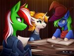  4:3 book buvanybu clothing dice earth_pony equid equine eyewear fallout_equestria female feral furniture glasses group hasbro hat headgear headwear horn horse looking_at_another male mammal my_little_pony paper pony role-playing_game table trio unicorn uniform wizard_hat 