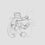  1:1 anthro biped black_and_white chair claws clothing domestic_cat ears_back felid feline felis finger_claws furniture male mammal monochrome navel on_chair oselotti oselotti_(character) pivoted_ears sitting sitting_on_chair sketch solo three-quarter_view underwear 