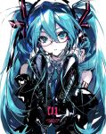  1girl absurdres aqua_eyes aqua_hair bare_shoulders bespectacled black_sleeves character_name commentary_request detached_sleeves glasses hanaseto hands_up hatsune_miku highres long_hair looking_at_viewer number_tattoo parted_lips solo tattoo teeth twintails very_long_hair vocaloid white_background 