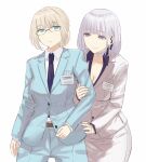  2girls an-94_(girls&#039;_frontline) asakiri_koko blazer blonde_hair blue_jacket blunt_bangs blush breasts cleavage earpiece girls&#039;_frontline glasses highres jacket large_breasts multiple_girls necktie pencil_skirt purple_eyes purple_necktie rpk-16_(girls&#039;_frontline) short_hair simple_background skirt smile sweatdrop white_background white_hair white_jacket white_skirt 