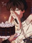  1boy :d aegyo_sal black_eyes black_hair black_shirt bookshelf cake candle character-themed_food commentary double-parted_bangs english_commentary english_text envelope food hair_between_eyes han_sooyoung hands_up happy_birthday highres kim_dokja male_focus omniscient_reader&#039;s_viewpoint out_of_frame saihachi06 shirt short_hair smile solo_focus sweater undershirt whipped_cream white_sweater yoo_joonghyuk 