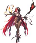  1girl bodysuit breasts brunhild_(last_origin) elbow_gloves fingerless_gloves fire flame full_body gloves grin hair_over_one_eye highres hood hood_over_one_eye large_breasts last_origin long_hair looking_at_viewer luvents3 official_art pyrokinesis red_eyes red_hair smile solo staff tachi-e thigh_gap torn_bodysuit torn_clothes transparent_background very_long_hair wide_hips 