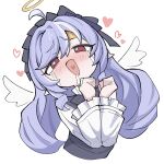  1girl ahoge angel_wings blush clenched_hands crying drill_hair drill_sidelocks drooling frilled_sleeves frills hair_between_eyes hairband half-closed_eyes halo head_tilt headband heart heart-shaped_pupils heart_in_mouth highres ketsu_juuji_killer_(kejuki) long_hair open_mouth pointy_ears purple_hair purple_hairband red_eyes shrug_(clothing) sidelocks simple_background solo streaming_tears symbol-shaped_pupils tears upper_body vivian_banshee white_background white_shrug white_wings wings yellow_headband zenless_zone_zero 
