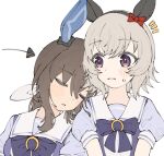  2girls admire_vega_(umamusume) animal_ears arrow_(symbol) bangs blush brown_hair closed_eyes curren_chan_(umamusume) dot_nose grey_hair hairband highres horse_ears long_hair looking_at_another low_ponytail multiple_girls notice_lines onibi_(demonsfireonibi) open_mouth puffy_short_sleeves puffy_sleeves purple_eyes purple_shirt sailor_collar school_uniform shirt short_hair short_sleeves simple_background sleeping sleeping_on_person sweatdrop tracen_school_uniform umamusume white_background 