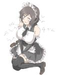  1girl apron asai_akira between_legs black_dress black_necktie black_sleeves black_thighhighs blush breasts brown_hair brown_shoes button_gap collared_dress commentary_request detached_sleeves dress embarrassed flat_color frilled_apron frilled_dress frills hair_between_eyes hand_between_legs highres large_breasts looking_at_viewer maid maid_headdress medium_hair mitsugu necktie parted_lips sanpaku shoes short_necktie simple_background sitting sleeveless sleeveless_dress solo sweat tearing_up thighhighs translation_request v_arms waist_apron white_apron white_background yofukashi_no_uta 