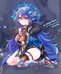  1girl ahoge black_collar black_sleeves blue_hair breasts broken_horn brown_eyes chain closed_mouth collar crossed_bangs earrings grey_horns highres horns indie_virtual_youtuber jewelry kneeling large_breasts leotard long_hair mirinaechou oumiya_emma pointy_ears single_thighhigh solo thighhighs torn_clothes torn_leotard virtual_youtuber 