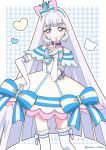  1girl amai_ribbon animal_ear_hairband animal_ears aqua_bow arm_warmers bare_shoulders blue_background blue_bow blue_choker blue_crown blue_eyes blue_hairband blunt_bangs blunt_ends blush border bow bow_hairband bright_pupils brooch cat_ear_hairband cat_ears chest_bow choker closed_mouth collarbone colored_petticoat commentary cowboy_shot crown crown_earrings cure_nyammy dress dress_bow earrings fake_animal_ears frilled_arm_warmers frilled_dress frilled_thighhighs frills hairband hand_on_own_chin hand_on_own_hip hand_up heart heart_brooch highres index_finger_raised jewelry legs_apart lips long_hair looking_at_viewer magical_girl medium_dress mini_crown multicolored_bow nekoyashiki_yuki off-shoulder_dress off_shoulder outline outside_border pact_holder petticoat pink_lips plaid_background pouch precure shiny_cats_pact smile solo standing straight_hair striped_bow thighhighs tilted_headwear twitter_username very_long_hair white_arm_warmers white_border white_bow white_dress white_hair white_outline white_thighhighs wonderful_precure! yellow_pupils zettai_ryouiki 