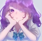  1girl asymmetrical_bangs bangs blunt_bangs bow bowtie diagonal_bangs expressionless hair_over_one_eye hands_on_own_cheeks hands_on_own_face head_rest idolmaster idolmaster_shiny_colors looking_afar loose_bowtie meguru_nyan purple_eyes purple_hair school_uniform shirt simple_background solo tanaka_mamimi upper_body white_background white_shirt 