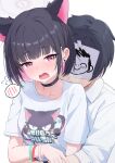  1boy 1girl absurdres animal_ears black_choker black_hair blue_archive blush cat_ears choker collared_shirt colored_inner_animal_ears colored_inner_hair commentary_request doodle_sensei_(blue_archive) embarrassed extra_ears hair_ornament hairpin halo haluka_o0 hetero highres hug kazusa_(band)_(blue_archive) kazusa_(blue_archive) multicolored_hair official_alternate_costume open_mouth paper_on_head pink_eyes pink_hair pink_halo print_shirt sensei_(blue_archive) shirt short_hair short_sleeves simple_background smelling spoken_blush sweat two-tone_hair white_background white_shirt 