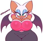 absurd_res anthro armwear bat bat_wings big_breasts big_ears black_bodysuit black_clothing black_nose black_skinsuit blue_eyeshadow bodysuit breasts brown_body brown_fur choker cleavage clothed clothing elbow_gloves eyeshadow fangs female front_view fur gloves green_eyes hands_behind_head handwear hi_res huge_breasts jewelry looking_at_viewer makeup mammal membrane_(anatomy) membranous_wings necklace purple_wings rouge_the_bat sega simple_background skinsuit solo sonic_the_hedgehog_(series) takynu90 teeth thick_thighs tight_clothing white_background white_body white_clothing white_fur white_gloves white_handwear wide_hips wings