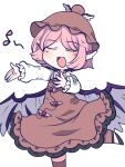  1girl animal_ears bird_ears blush brown_dress chahan_(fried_rice0614) chibi closed_mouth commentary dress hand_on_own_chest hat highres long_sleeves medium_hair music musical_note mystia_lorelei open_mouth pink_hair shirt singing smile solo touhou white_background white_shirt wings 