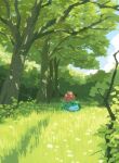  absurdres claws closed_eyes cloud day fangs grass highres hyogonosuke ivysaur leaf lying no_humans open_mouth outdoors pokemon pokemon_(creature) sky sleeping solo tree 