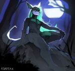 anthro athletic athletic_anthro athletic_male balls bent_leg blue_eyes detailed_background forest forest_background full_moon genitals green_body green_penis grey_body hair hand_on_knee hand_on_leg hi_res humanoid_genitalia humanoid_penis kangaroo krapekk long_hair macropod male male_anthro mammal marsupial moon nature nature_background night nude_anthro nude_male penis plant rock sitting solo tree