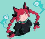  1girl animal_ears black_bow bow braid cat_ears cropped_shoulders dress fang fang_out floating_skull ghost green_background green_dress henemimi highres hitodama kaenbyou_rin long_hair puffy_sleeves red_eyes red_hair signature sketch skull smile touhou twin_braids 