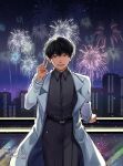  1boy :d aerial_fireworks against_railing backlighting black_eyes black_hair black_shirt coat collared_shirt cowboy_shot fireworks head_tilt highres kim_dokja looking_at_viewer male_focus night omniscient_reader&#039;s_viewpoint open_clothes open_coat popped_collar railing saihachi06 shirt short_hair sky skyline smile solo star_(sky) starry_sky v white_coat 