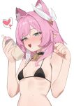  1girl animal_ears bell bikini black_bikini blue_eyes blush bottle breasts cat_ears commentary_request cyrene_(aedes_elysiae)_(honkai:_star_rail) cyrene_(honkai:_star_rail) flasso hair_ornament heart highres holding honkai:_star_rail honkai_(series) milk_bottle multicolored_hair neck_bell open_mouth pink_hair pointy_ears short_hair simple_background small_breasts solo spoken_heart stomach swimsuit two-tone_hair white_background white_hair 
