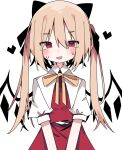 1girl ascot blonde_hair blush bow collared_shirt crystal_wings dress fang flandre_scarlet hair_between_eyes hair_ribbon highres long_hair looking_at_viewer nacht_musik open_mouth puffy_short_sleeves puffy_sleeves red_dress red_eyes red_vest ribbon shirt short_sleeves simple_background smile solo touhou twintails vest white_background white_shirt wings yellow_ascot 