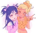  2girls ame_(tokwapatatas) animal_print blonde_hair blue_hair brown_hair commentary crop_top dark-skinned_female dark_skin earrings fingernails gyaru gyaruko_(vivinos) hair_ornament hair_scrunchie hashtag-only_commentary high_side_ponytail jewelry leopard_print long_fingernails long_hair midriff minako_(vivinos) multiple_girls off-shoulder_sweater off_shoulder orange_scrunchie pink_bitch_club scrunchie shirt sweater two_side_up w wrist_scrunchie yellow_eyes yellow_shirt 