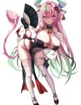  1girl absurdres ahoge animal_ears aqua_streaks bell bent_over black_gloves blush breasts chinese_commentary cleavage commentary_request covered_navel cow_ears cow_girl cow_horns cow_tail cowbell ear_bell folding_fan genshin_impact gloves hair_between_eyes hand_fan hand_on_own_thigh hand_up highres holding holding_fan horns large_breasts long_hair looking_at_viewer multicolored_hair neck_bell parted_lips pelvic_curtain pink_hair purple_eyes see-through_clothes signature simple_background solo streaked_hair summercat tail thighhighs varesa_(genshin_impact) very_long_hair white_background white_thighhighs 