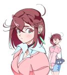  1girl alternate_costume ayase_momo bag bare_shoulders black_choker blue_skirt blush brown_eyes brown_hair choker closed_mouth collared_shirt cowboy_shot crossed_bangs dandadan earrings floating_earrings hair_behind_ear hair_between_eyes jewelry long_sleeves looking_at_viewer messy_hair miniskirt multiple_views off-shoulder_shirt off_shoulder pencil_skirt pink_shirt pink_sweater puckered_lips shirt short_hair shoulder_bag skirt sweater upper_body v-neck white_background white_shirt y8brass 