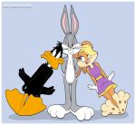 2025 3d_(artwork) anatid anseriform anthro arm_support avian beak bird black_body black_eyes black_fur blue_eyes border breasts bugs_bunny clothed clothing collared_shirt daffy_duck digital_media_(artwork) dress dress_shirt duck eyelashes feet female fur gloves grey_body grey_fur group handwear hi_res jcthornton lagomorph leaning leaning_on_elbow leporid lola_bunny looney_tunes male mammal rabbit shirt simple_background tan_body tan_fur teeth topwear trio warner_brothers white_body white_border white_fur