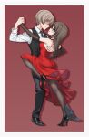  1boy 1girl aadka5 absurdres ass blush breasts brown_eyes brown_hair brown_pantyhose dress full_body girls_und_panzer hetero high_heels highres long_hair looking_at_another medium_breasts mika_(girls_und_panzer) open_mouth pantyhose red_background red_dress simple_background 