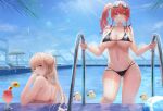  2girls absurdres ass_visible_through_thighs azur_lane bangs bikini black_bikini blonde_hair blue_sky braid breasts cleavage closed_mouth collarbone commentary day double_bun english_commentary eyebrows_visible_through_hair formidable_(azur_lane) from_behind glass goggles goggles_on_head hair_ornament hand_up highres innertube large_breasts long_hair looking_at_viewer looking_back manjuu_(azur_lane) medium_hair mouth_hold multiple_girls navel o-ring o-ring_bikini outdoors partially_submerged pool pool_ladder red_eyes red_hair side_ponytail sky stomach summer swimsuit turbulence twintails umbrella water wet whistle yellow_eyes zara_(azur_lane) 