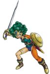  1girl asymmetrical_clothes blue_eyes boots bracelet circlet curly_hair dragon_quest dragon_quest_iv full_body green_hair heroine_(dq4) holding holding_sheath holding_sword holding_weapon jewelry non-web_source official_art open_mouth scabbard sheath short_hair simple_background solo standing sword thighlet toriyama_akira weapon white_background 