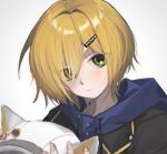  1boy animal_ear_helmet animal_ears animal_helmet black_jacket blonde_hair blue_hood cat_ears closed_mouth drawstring fake_animal_ears green_eyes hair_intakes hair_ornament hair_over_one_eye hairclip helmet highres holding holding_unworn_helmet hood hood_down jacket jjj_k00 looking_at_viewer male_focus nijisanji no_headwear portrait short_hair simple_background solo space_helmet sticker unworn_headwear unworn_helmet uzuki_kou uzuki_kou_(5th_costume) virtual_youtuber white_background white_helmet wolf_cut 