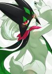  1girl ass body_fur closed_mouth from_behind furry furry_female green_fur highres meowscarada nata_de_coco_(pankptomato) pokemon red_eyes solo tail 