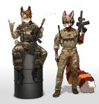 2025 5_fingers absurd_res ailurid anthro armor biped bottomwear clothed clothed_anthro clothed_male clothing digital_drawing_(artwork) digital_media_(artwork) duo felid feline fingers footwear front_view fully_clothed fully_clothed_anthro fully_clothed_male fur gun hair headgear helmet hi_res holding_gun holding_object holding_ranged_weapon holding_weapon lynx male mammal pants pgm300 ranged_weapon red_panda shoes sitting smile standing tail topwear weapon