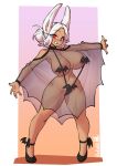  1girl absurdres animal_ears areola_slip artist_name bare_shoulders bat_wings black_shoes black_slingshot_swimsuit blush boku_no_hero_academia border borvar breasts bright_pupils cleavage clothing_cutout commentary dark-skinned_female dark_skin dress english_commentary full_body gradient_background hair_bun highres huge_breasts looking_at_viewer mirko orange_background outside_border outstretched_arms pigeon-toed pink_background rabbit_ears rabbit_girl red_eyes see-through_clothes see-through_dress shoes short_hair shoulder_cutout single_hair_bun slingshot_swimsuit smile solo standing swimsuit thick_thighs thighs white_border white_hair white_pupils winged_shoes wings 