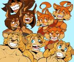 absurd_res ahoge anthro bared_teeth bird_dog blonde_hair blue_eyes breasts brown_body brown_fur brown_hair canid canine canis ceehaz cleavage clothed clothing dog_knight_rpg domestic_dog fangs female fur golden_retriever grin group gums hair hi_res hunting_dog jeane_(ceehaz) maci_(ceehaz) mammal mouth_shot open_mouth open_smile orange_body orange_eyes orange_fur orange_hair retriever rory_(ceehaz) sharp_teeth showing_teeth smile snarling tan_body tan_fur teeth tongue trio uvula
