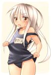  1girl black_swimsuit brown_eyes collarbone commentary_request cowboy_shot kantai_collection kikuzuki_(kancolle) namesake open_mouth oversized_clothes ray.s school_swimsuit solo standing swimsuit twitter_username white_hair 