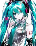  1girl absurdres anniversary aqua_eyes aqua_hair aqua_necktie bare_shoulders black_sleeves character_name closed_mouth collared_shirt detached_sleeves expressionless grey_shirt hair_between_eyes hair_ornament hanaseto hatsune_miku headphones highres long_hair looking_at_viewer necktie number_tattoo shirt simple_background sleeveless sleeveless_shirt solo tattoo twintails upper_body very_long_hair vocaloid white_background 