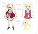  1girl ^^^ alicia_vladia_sarkista blonde_hair blush boots bow braid breasts buta_koushaku character_name choker cleavage closed_mouth corset crossed_arms frilled_robe green_bow green_ribbon grey_boots grey_corset hair_between_eyes hair_bow hair_ornament hair_scrunchie hand_on_own_hip hand_up hooded_robe long_hair long_sleeves miniskirt nauribon official_art open_clothes open_mouth open_robe pleated_skirt purple_eyes red_robe ribbon ribbon_choker robe school_uniform scrunchie side_braids sketch skirt small_breasts standing tachi-e translation_request twintails upper_body very_long_hair white_background white_hood white_scrunchie white_skirt wide-eyed wide_sleeves 