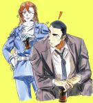  ! 1boy 1girl black_hair blue_eyes buzz_cut can commentary_request fingerless_gloves gloves hagiwara_chihaya hand_on_own_hip highres holding holding_can long_hair meitantei_conan mercuryxun one_eye_closed police police_uniform policewoman red_lips sash shirt short_hair sideburns simple_background sitting sparkle suit very_short_hair white_shirt yellow_background yokomizo_jugo 